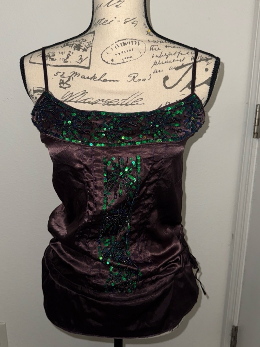 Purple Satin Spaghetti-Strap Camisole with Green Sequin Detail
